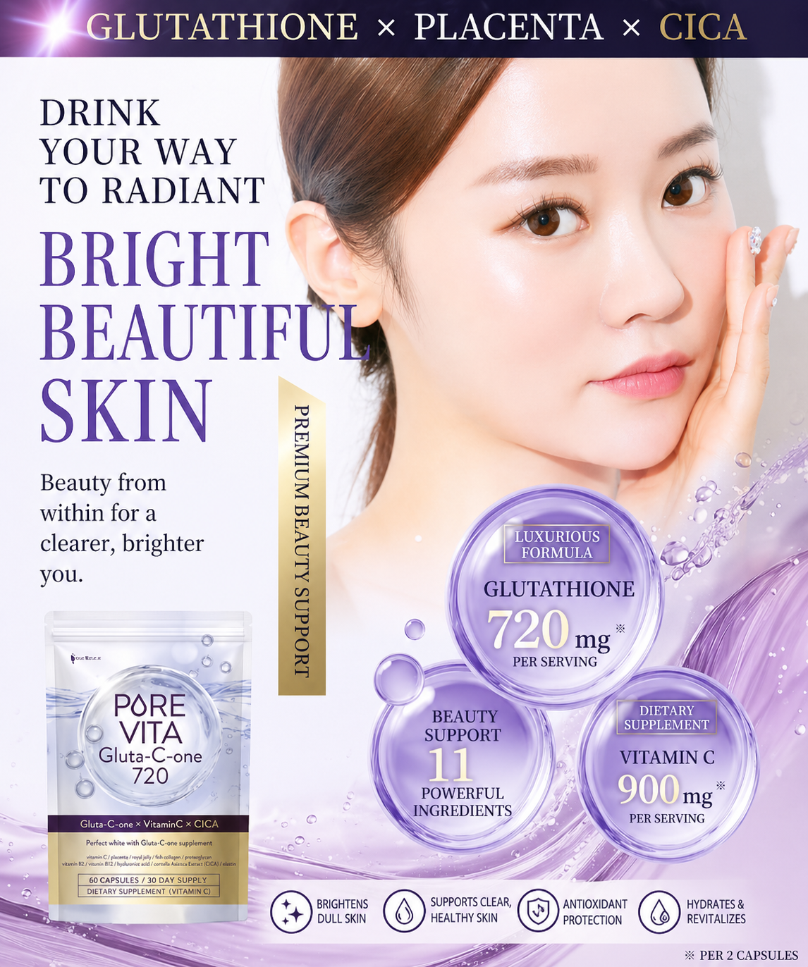 Pore Vita Gluta-C-one 720 (Gluta + Vitamin C + CICA Supplement)
