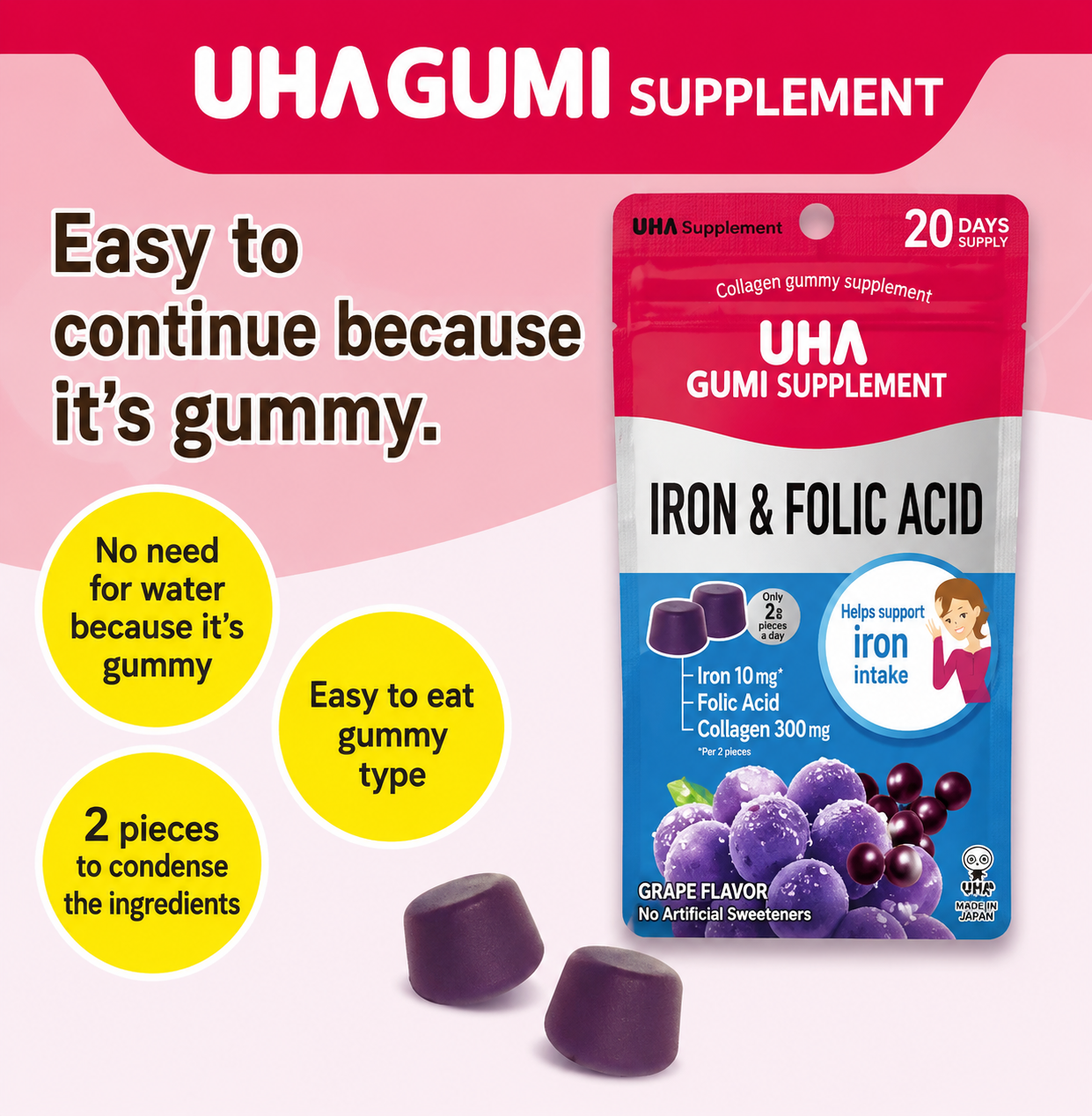 UHA Gumi Supplement – Iron & Folic Acid (Grape Flavor)